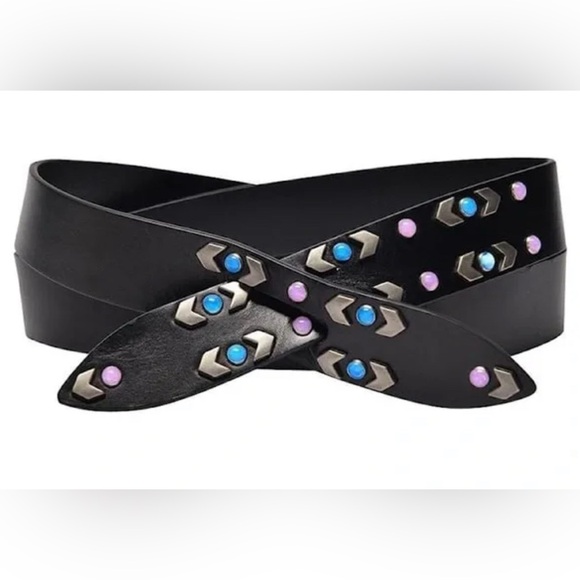 Isabel Marant Black Leather Studded Belt with Blue and Pink Accents